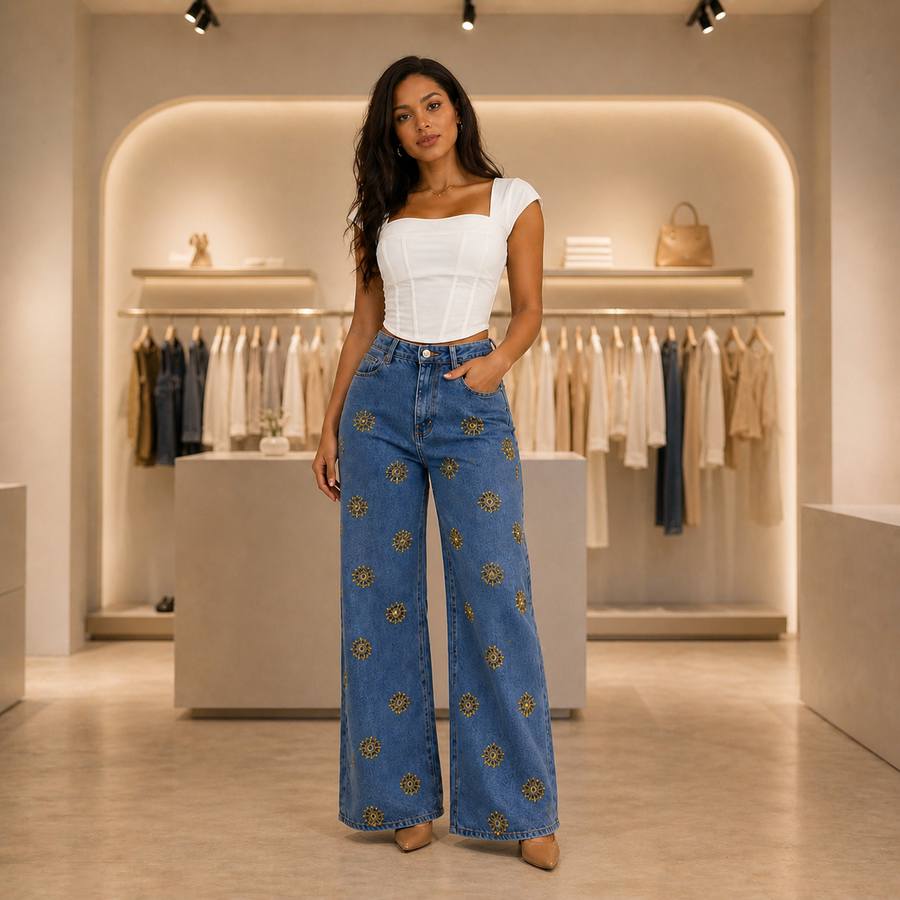Jean Wide Leg Taille Haute Femme Tendance - Lot de 50 Pièces